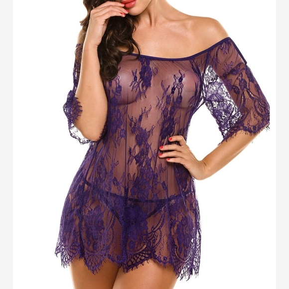 None Other - Elegant And Chic Purple Lace Off-Shoulder Nightgown - Size‎ Large